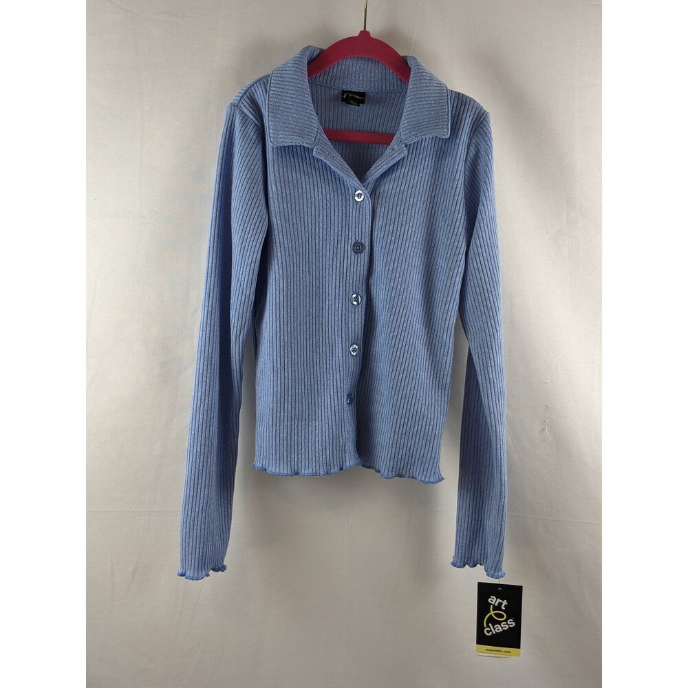 Art Class Sweater Button Front Cardigan Long Sleeve Blue L Ribbed Layer Collared